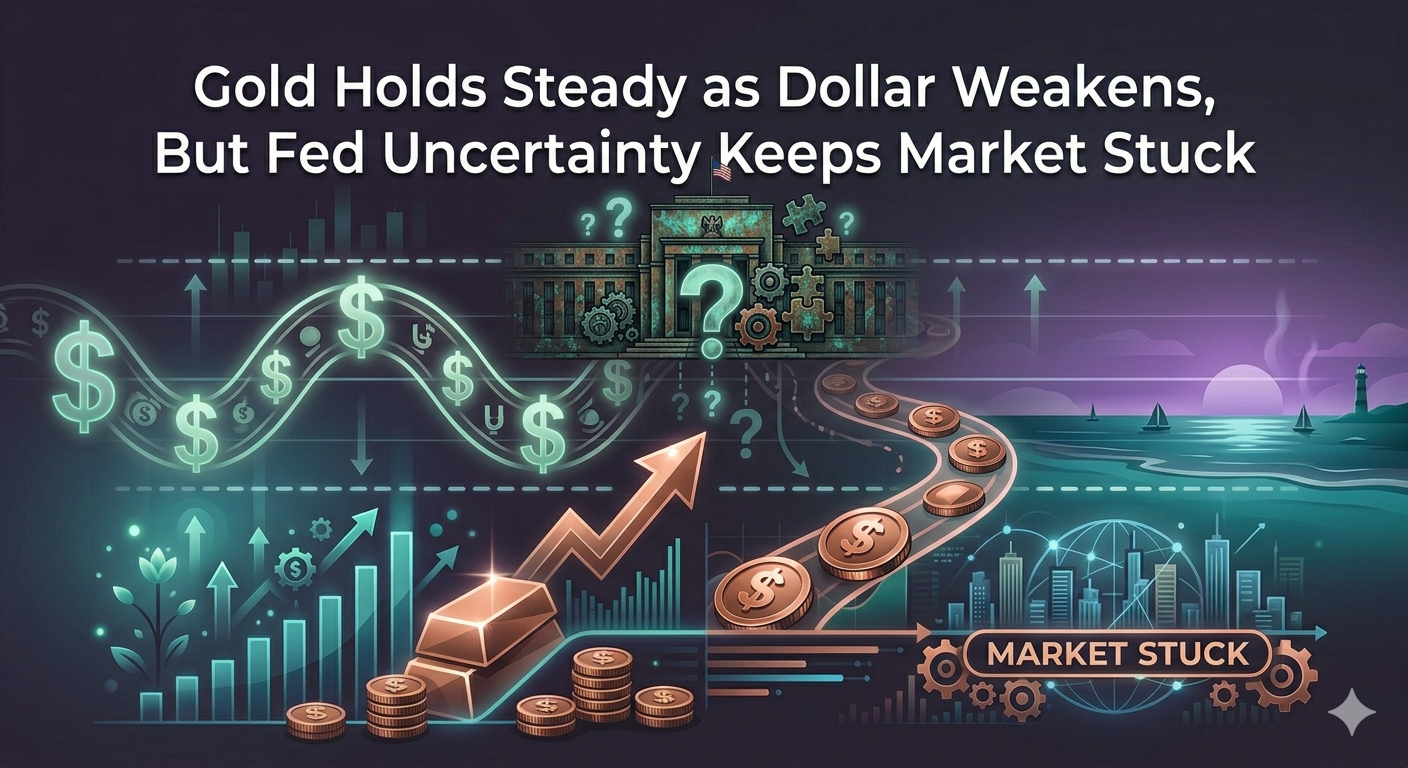 Generate blog post image on this title, “ “Gold Holds Steady as Dollar Weakens, But Fed Uncertainty Keeps Market Stuck
