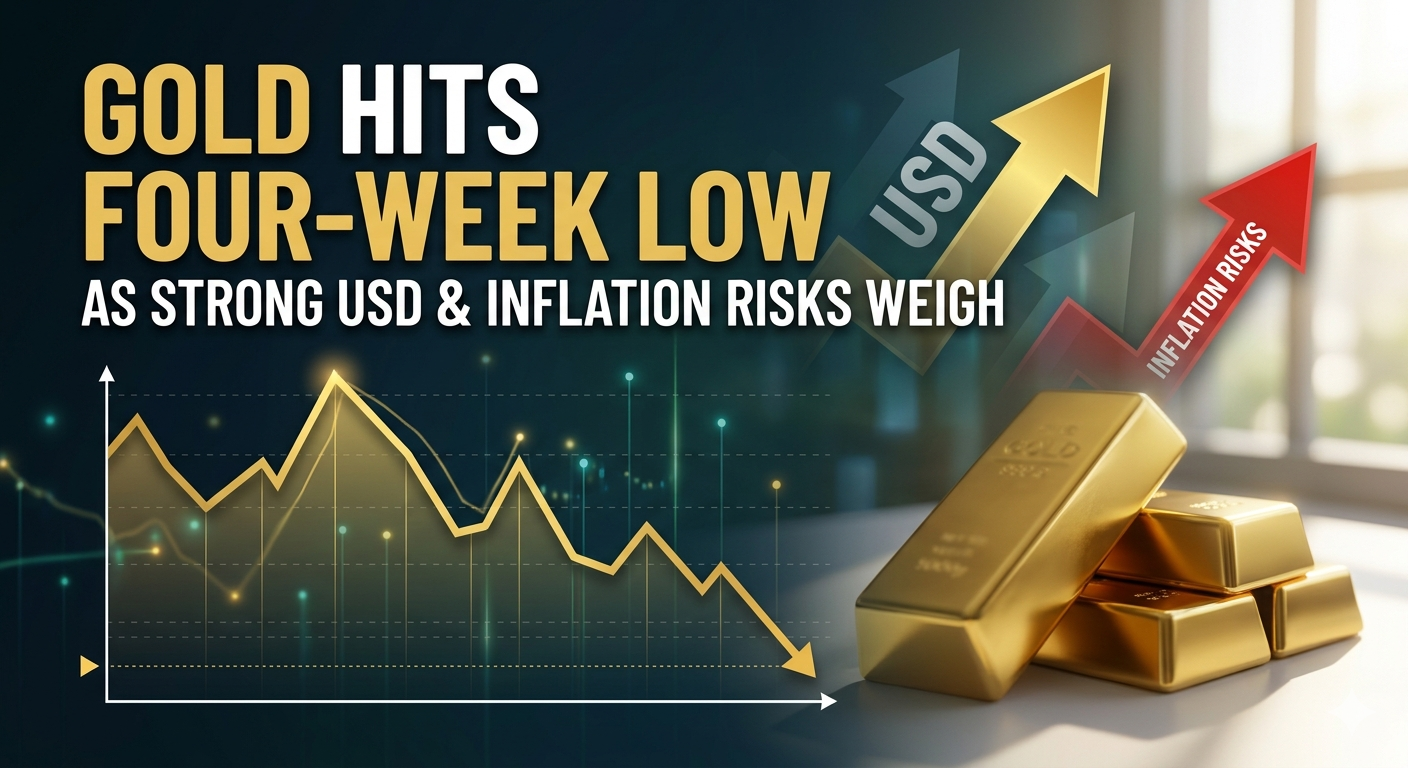 Generate a blog post image for this title Gold Hits Four-Week Low as Strong USD and Inflation Risks Weigh