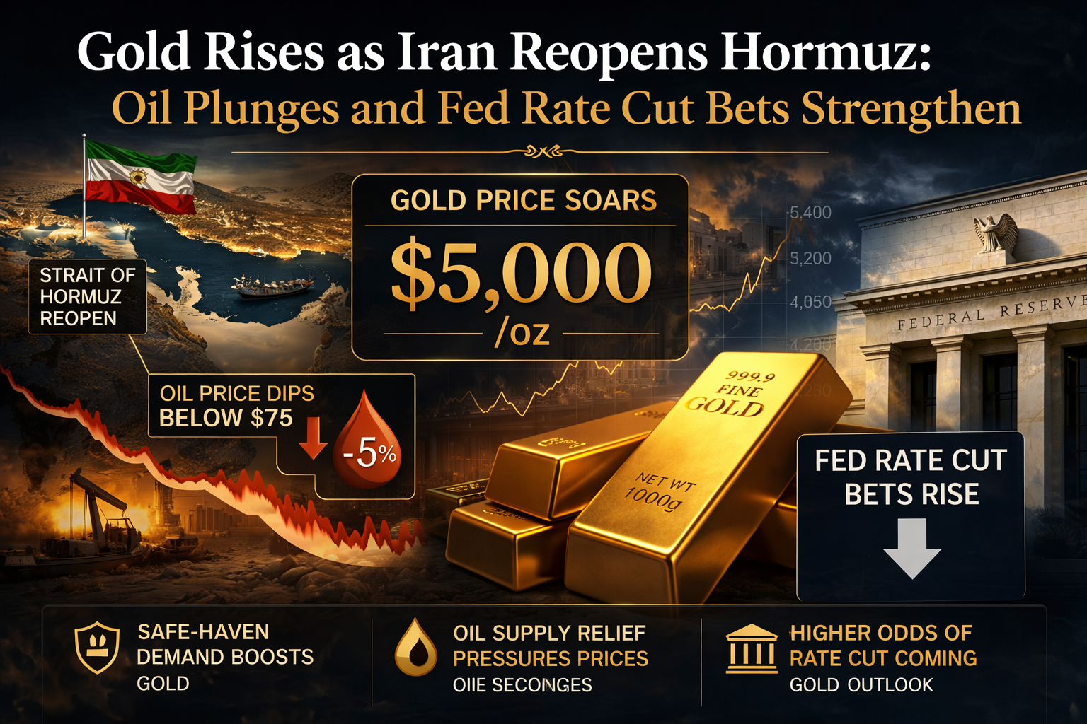 Gold rises as Iran reopens Hormuz, Oil plunges and Fed rate cut bets strengthen