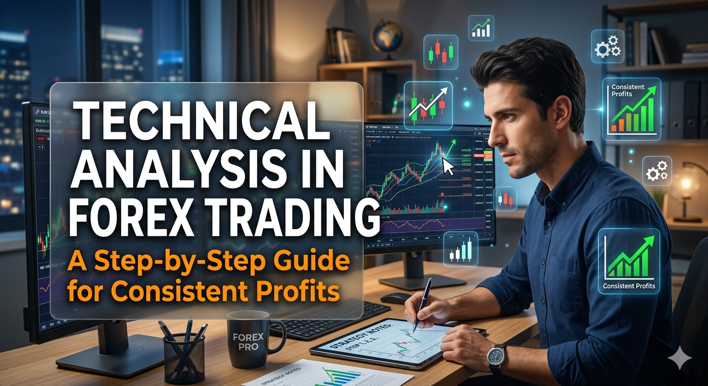 Generate a blog post image for this title Technical Analysis in Forex Trading: A Step-by-Step Guide for Consistent Profits