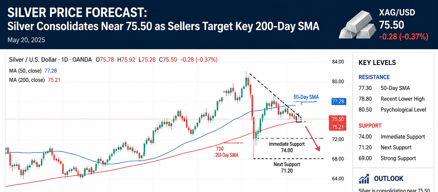Silver Price Forecast Silver Consolidates Near 75.50 as Sellers Target Key 200-Day SMA