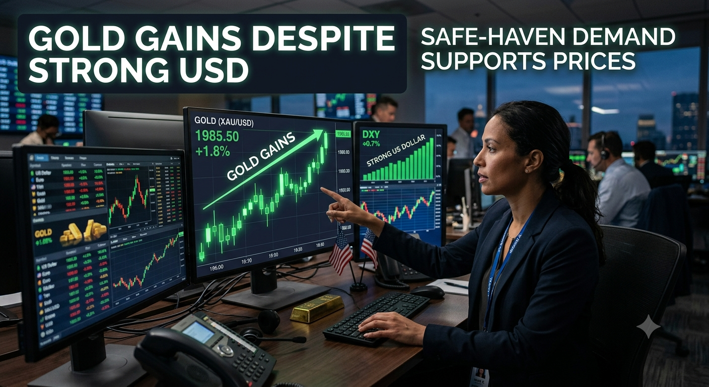 Gold Gains Despite a Strong US Dollar as Safe-Haven Demand Supports Prices