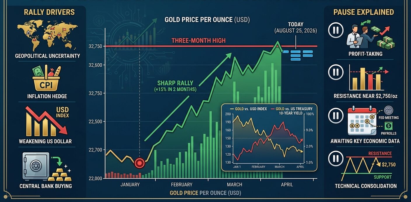 Gold Pauses Near Three-Month High After Sharp Rally