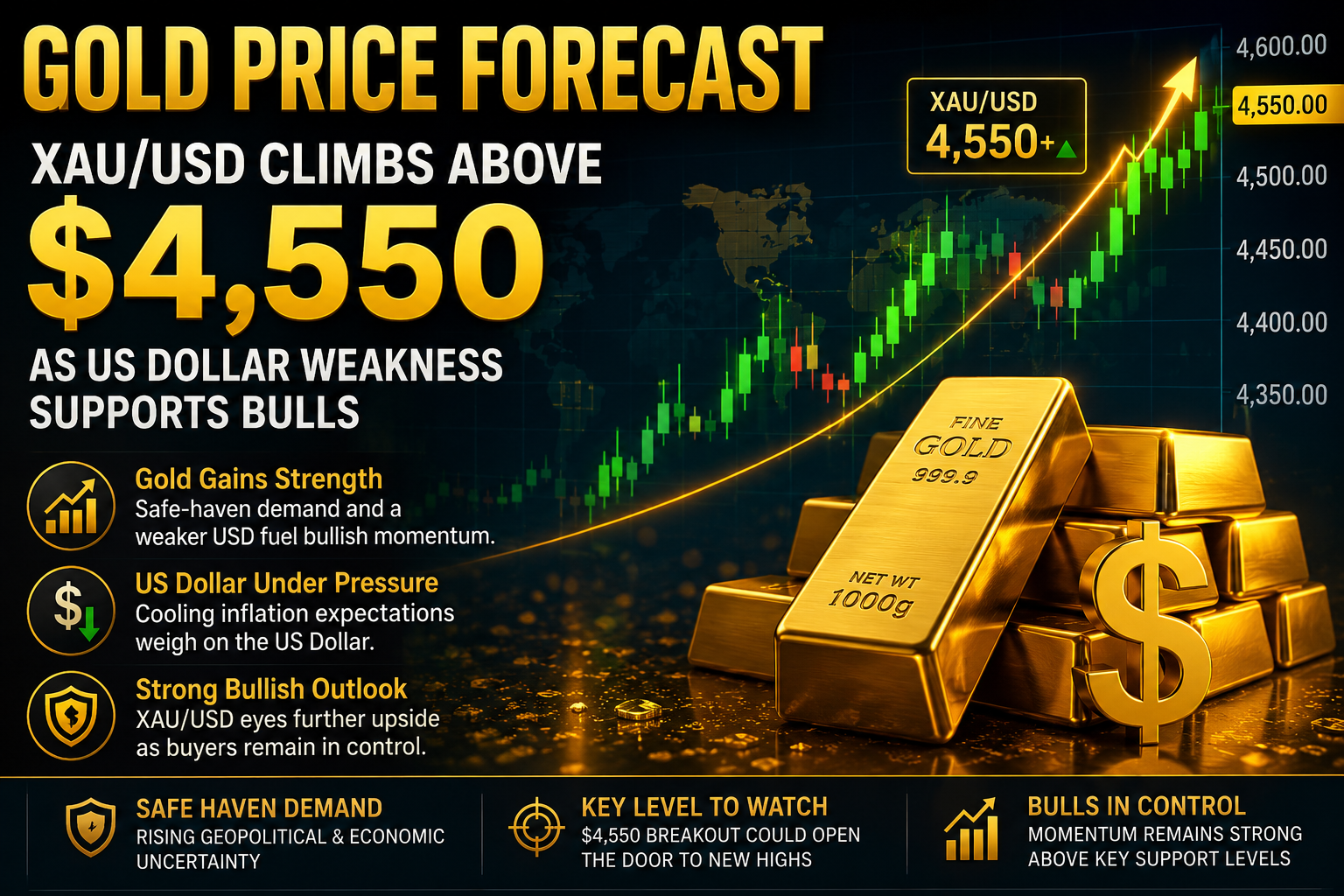 Gold Price Forecast XAUUSD Climbs Above $4,550 as US Dollar Weakness Supports Bulls