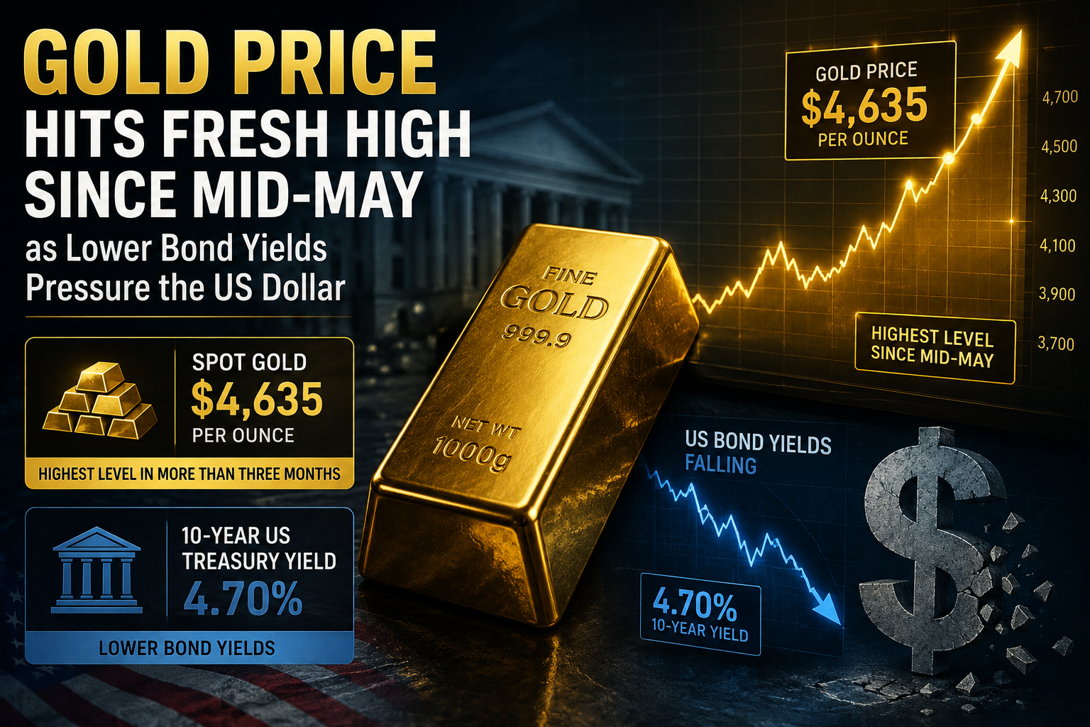 Gold Price Hits Fresh High Since Mid-May as Lower Bond Yields Pressure the US Dollar