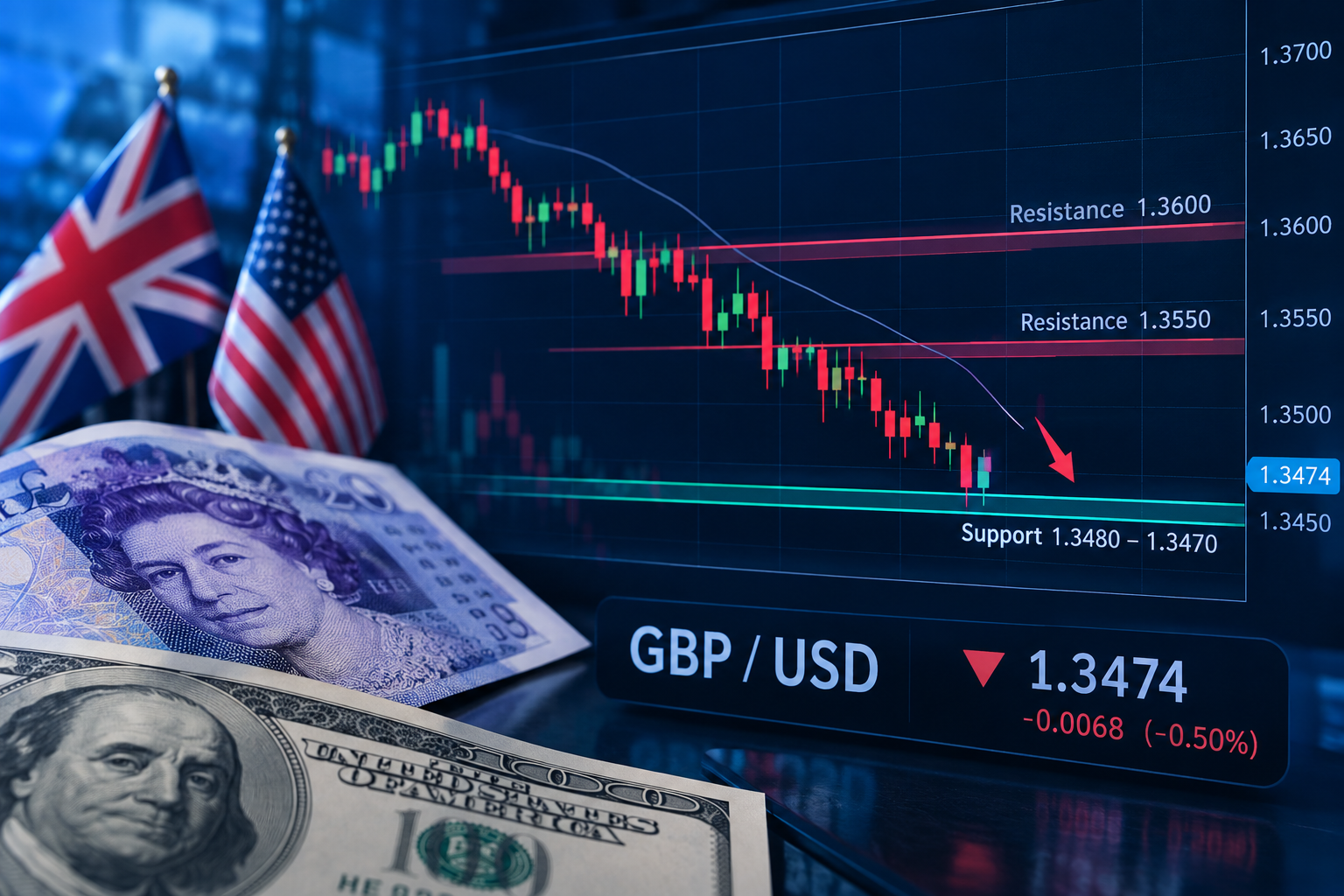 GBPUSD Nears 1.3480 as Bears Test Key Zones