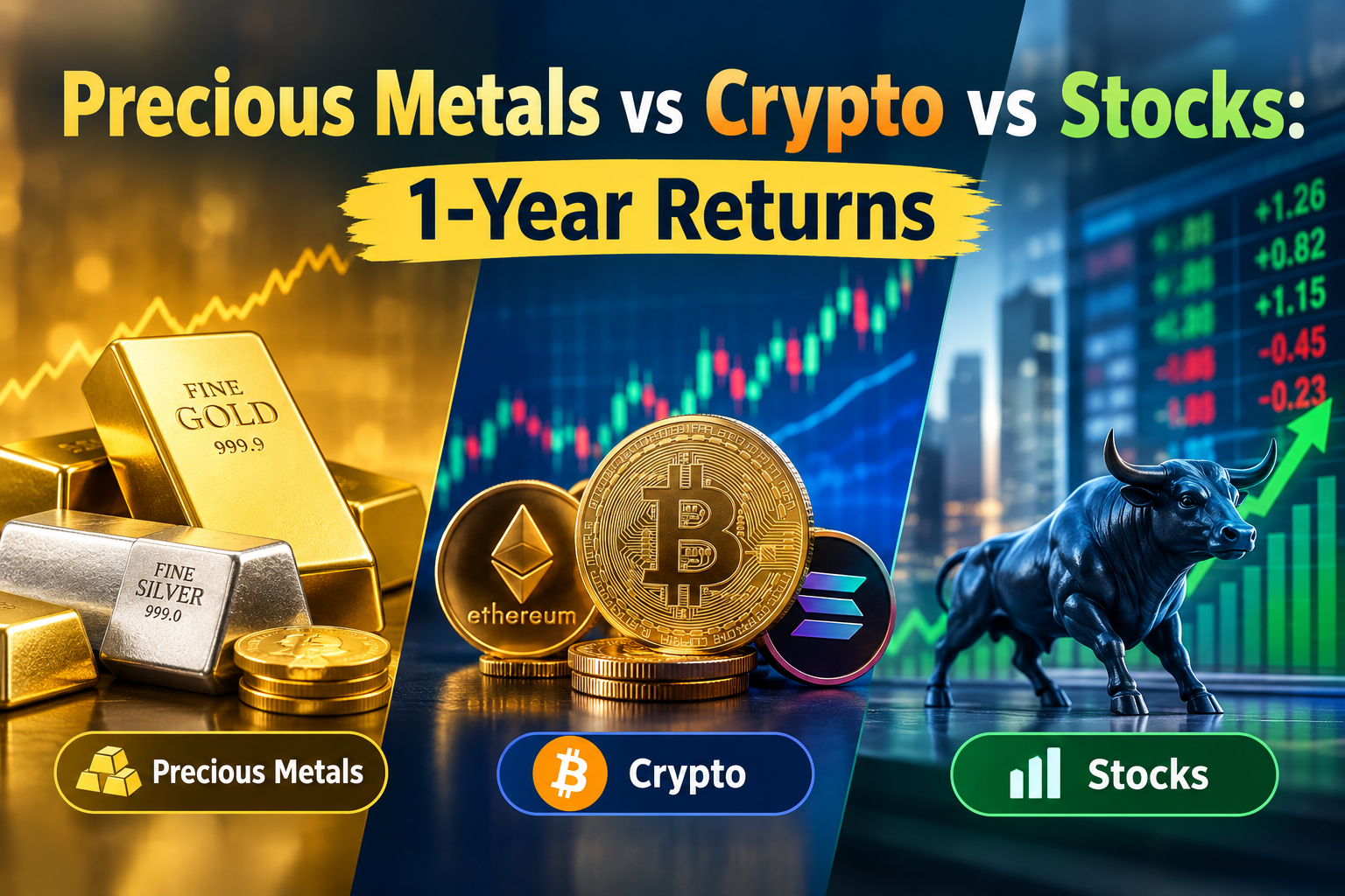 Precious Metals vs Crypto vs Stocks: 1-Year Returns